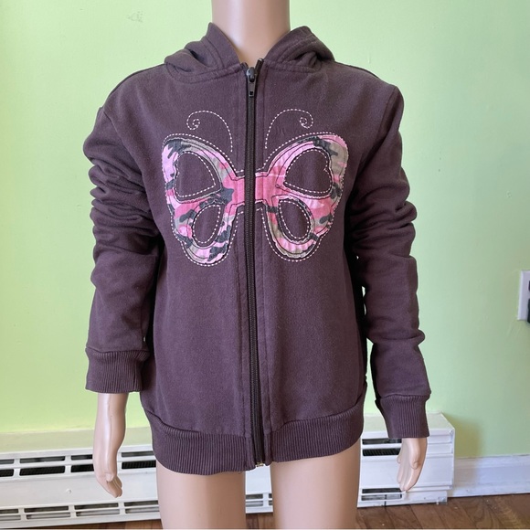 VINTAGE Y2K GIRL TRIBE BROWN PINK CAMO BUTTERFLY ZIP UP HOODIE SIZE 10/12 - Picture 1 of 6